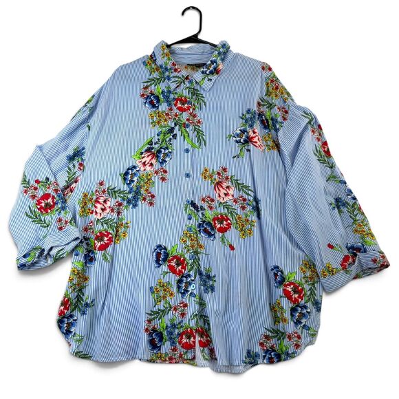 unique spectrum Tops - unique spectrum blue stripe floral button up shirt 3x cottagecore boho coastal